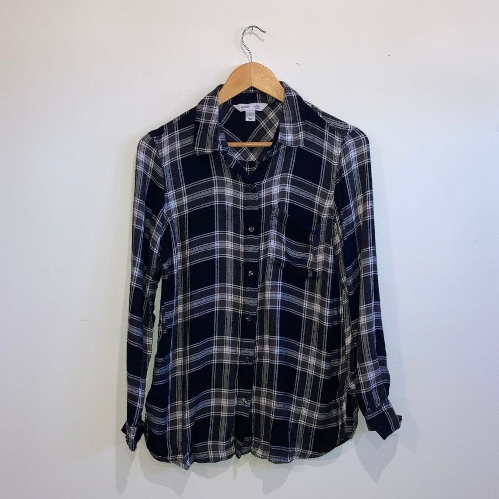 Old Navy Navy Black Plaid Flannel Button Up Shirt Size Medium